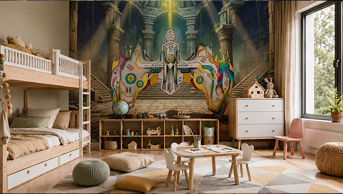 Chambre d'enfant : une œuvre panoramique signée couvre tout le mur